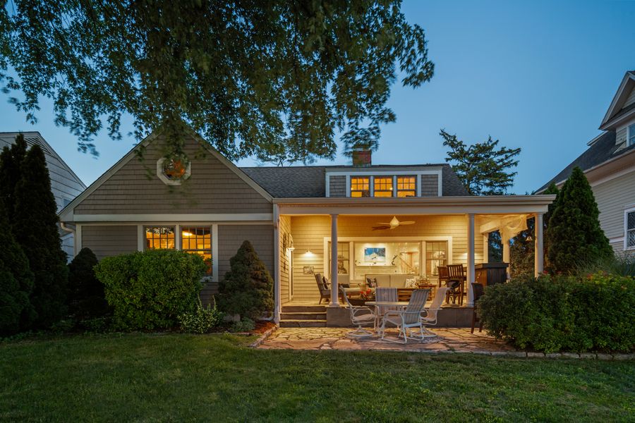 Rear elevation at twilight, lit from within
